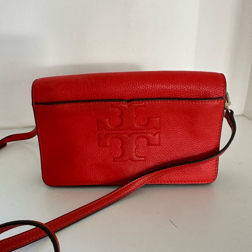 Tory Burch coral poppy red crossbody leather purse